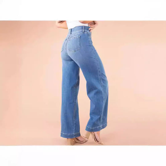 Damen weite High-Waist Jeans mit eleganter Schnittführung und markanten Nahtdetails EB
