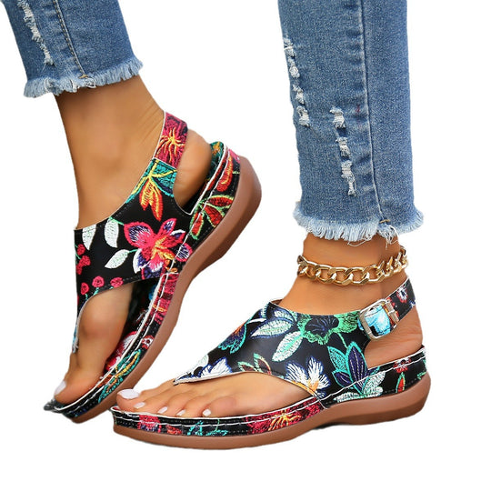 Damen Floral Zehentrenner-Sandaletten mit verstellbarem Riemendesign und ergonomischem Fußbett EB