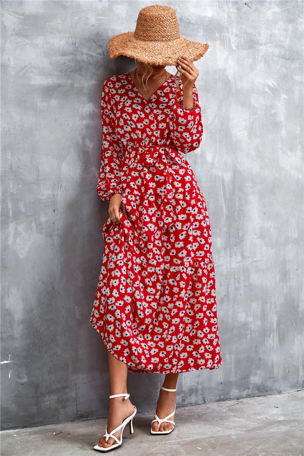 Damen Maxikleid mit tailliertem Design und langen Ärmeln EB