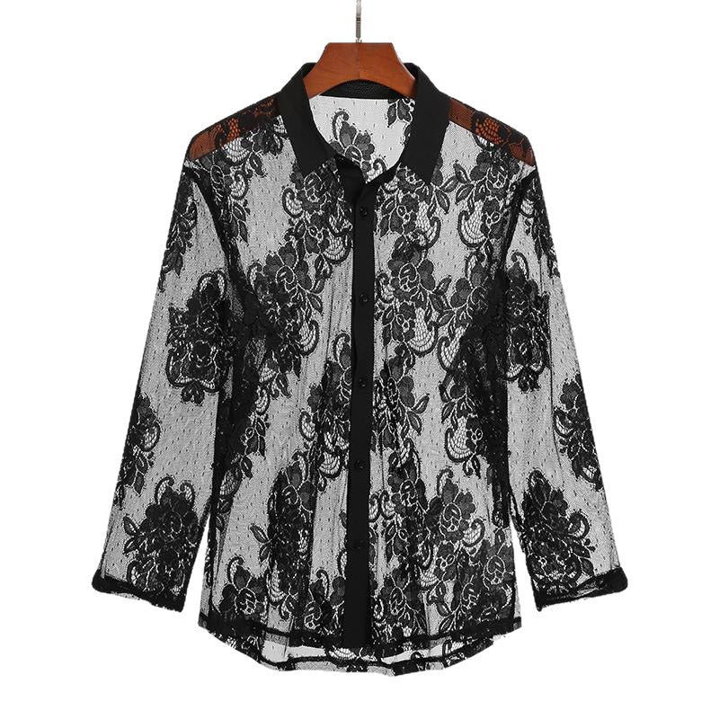 Damen nan leichte florale Spitzenbluse mit Hemdkragen und dekorativer Knopfleiste EB
