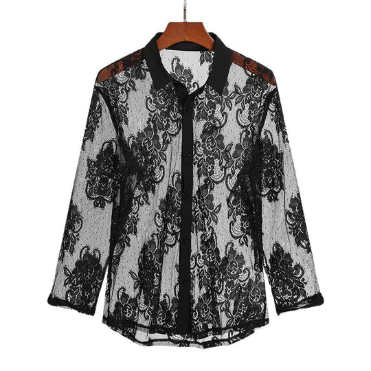 Damen nan leichte florale Spitzenbluse mit Hemdkragen und dekorativer Knopfleiste EB