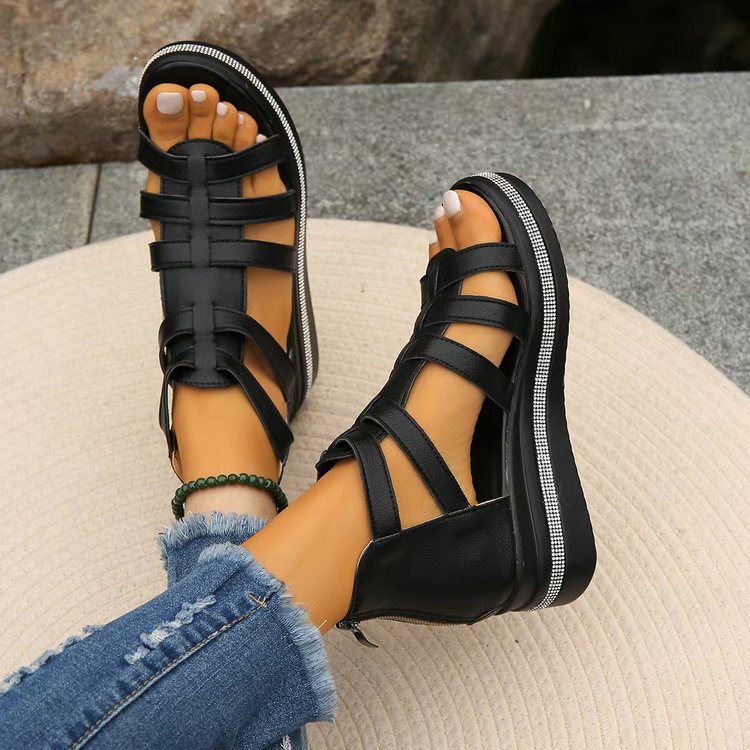 Damen Keil-Sandalen mit Gladiator-Riemen, Reißverschluss und gepolstertem Plateau EB