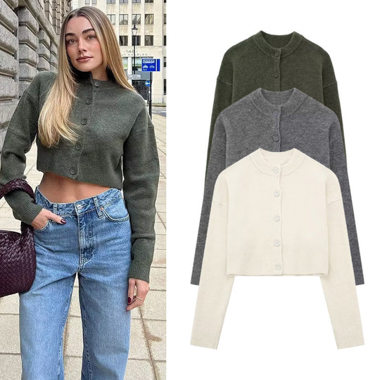 Damen Kurzpullover mit knopfbeschichtetem Design EB