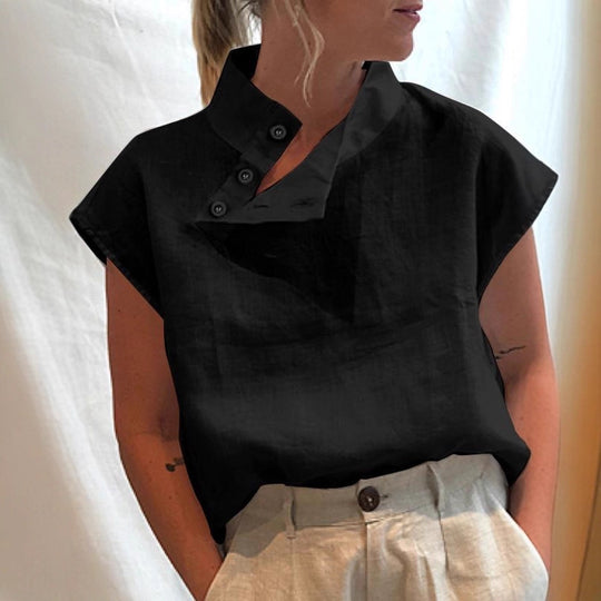 Damen moderne Bluse mit Stehkragen und eleganten Knopfdetails EB