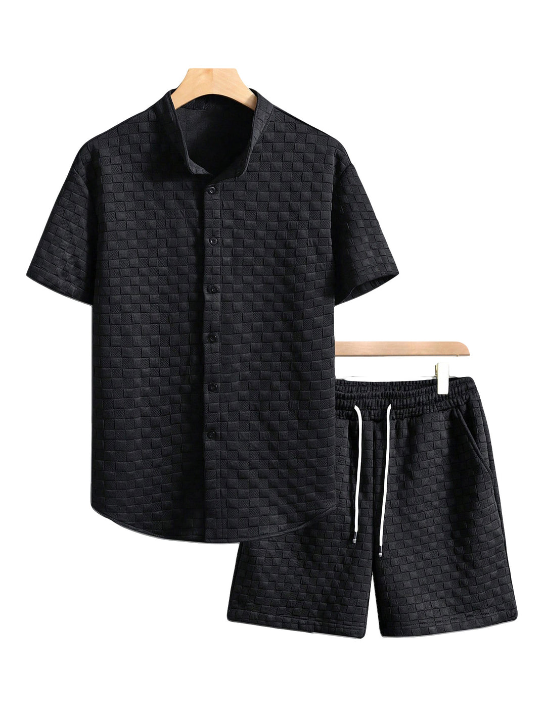 Herren nan zweiteiliges Sommerensemble mit Stehkragen-Hemdjacke und elastischen Komfort-Shorts in geprägter Karo-Textur EB
