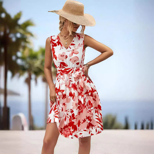 Damen Blumenkleid mit tailliertem Schnitt und schwingendem Rock EB