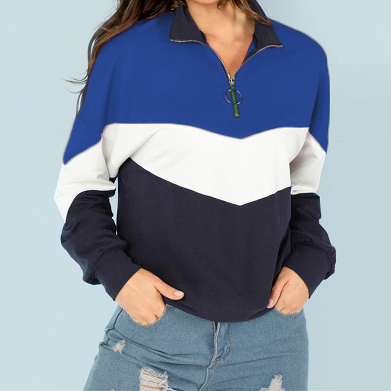 Damen sportlicher Sweatshirt mit hohem Kragen und farblich abgesetztem Design EB