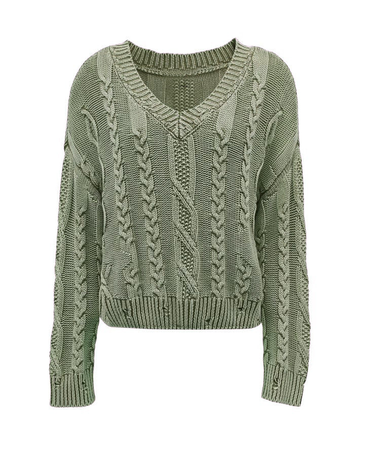 Damen Grob gestrickter Pullover mit V-Ausschnitt und voluminösen Ärmeln EB