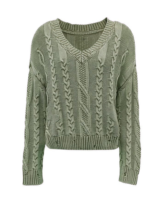 Damen Grob gestrickter Pullover mit V-Ausschnitt und voluminösen Ärmeln EB
