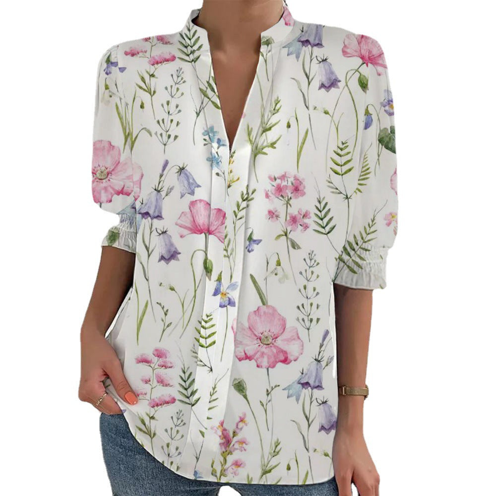 Damen Blumenprint Tunika-Bluse mit Stehkragen, geschlitzter V‑Blende und gerafften 3/4-Ärmeln EB