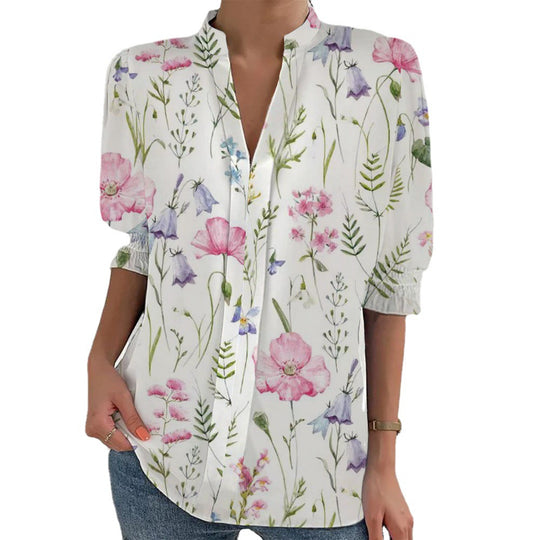 Damen Blumenprint Tunika-Bluse mit Stehkragen, geschlitzter V‑Blende und gerafften 3/4-Ärmeln EB