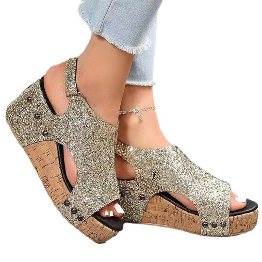 Damen Plateausandalen mit funkelndem Glitzer und Korksohle EB