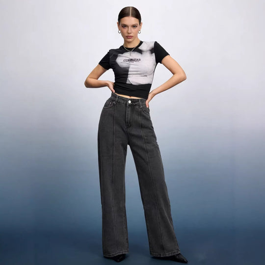 Damen Hoch taillierte weite Jeans mit raffinierten Nahtdetails EB