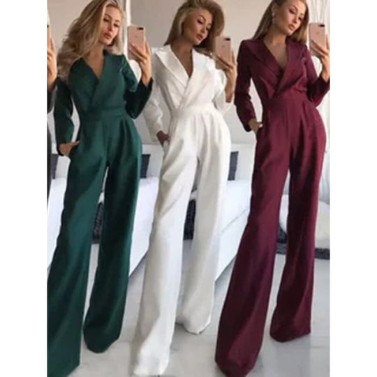 Damen eleganter Jumpsuit mit langem Bein und klassischem Schauspielkragen EB