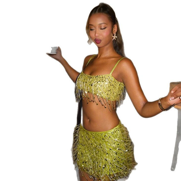 Damen Glitzerndes Crop-Top und Minirock-Set mit Fransen EB