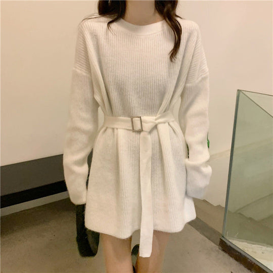 Damen Strickkleid mit Taillengürtel und weitem Schnitt EB