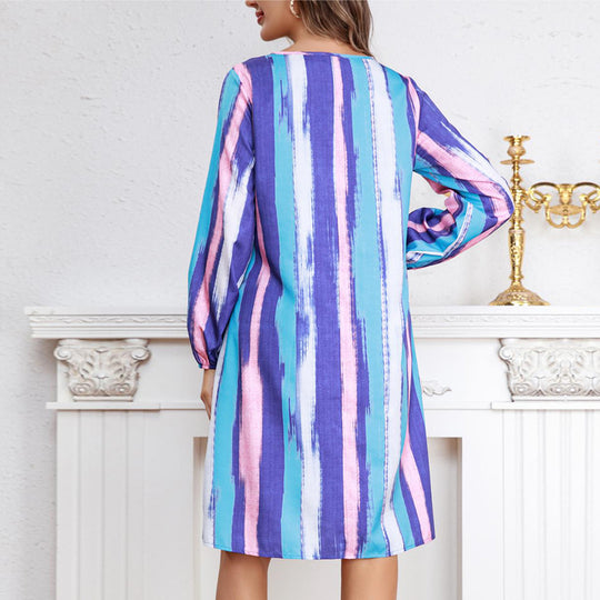 Damen Freizeitkleid mit modischem Streifenmuster und praktischen Taschen EB