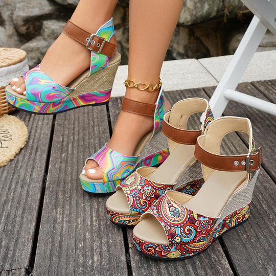 Damen Wedge-Sandaletten mit buntem Marmormuster und verstellbarem Riemen EB