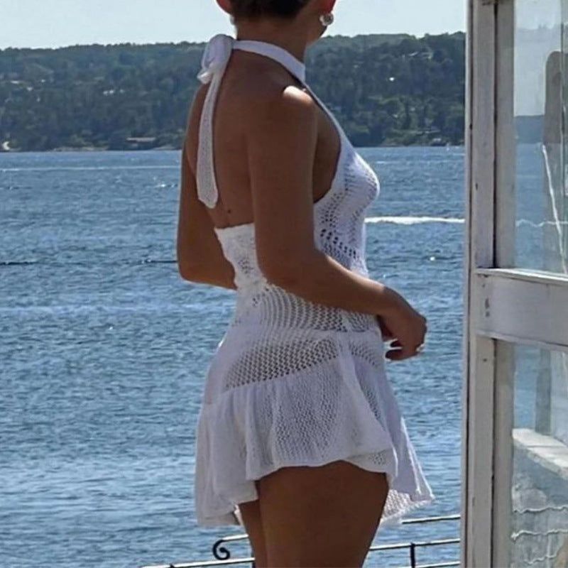 Damen luftiges Strandkleid mit feinem Häkelmuster und voluminösem Saum EB