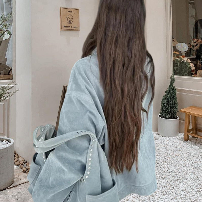 Damen Oversized Denimjacke im lässigen Stil mit praktischen Taschen EB
