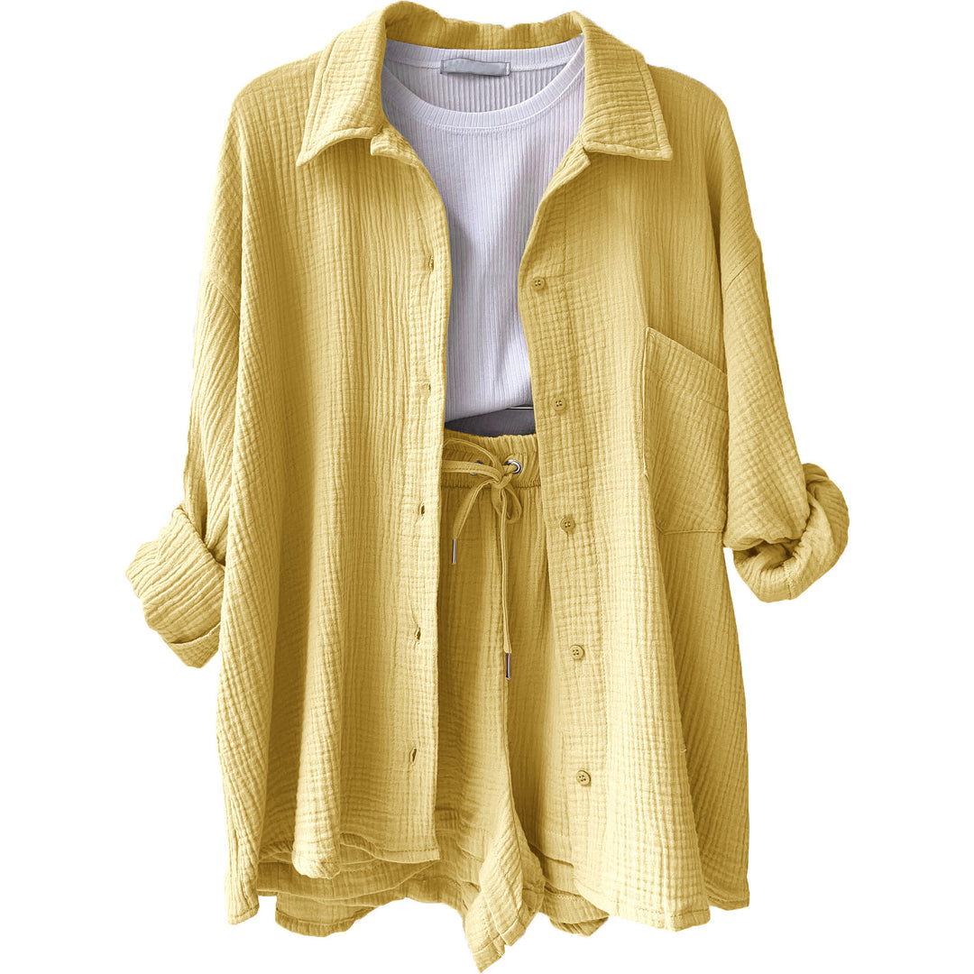 Damen nan lässiges oversized Hemd und Shorts Set mit Brusttasche Kordelbund und gerauter Baumwollstruktur EB
