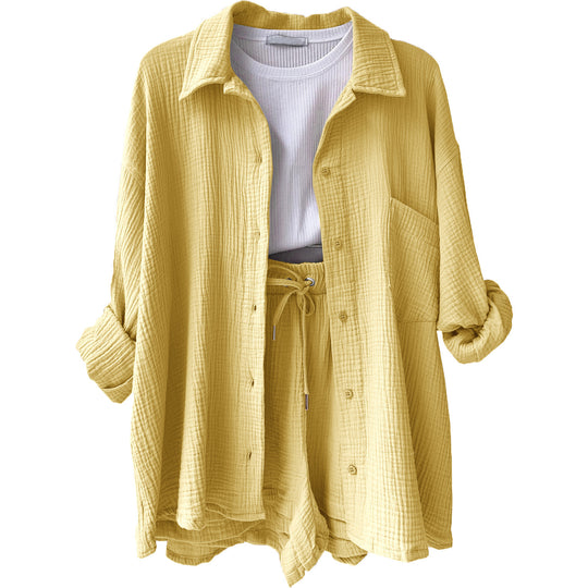 Damen nan lässiges oversized Hemd und Shorts Set mit Brusttasche Kordelbund und gerauter Baumwollstruktur EB