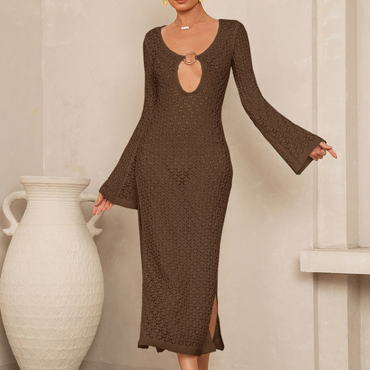 Damen Elegantes Häkelkleid mit tiefem Ausschnitt und weiten Ärmeln EB