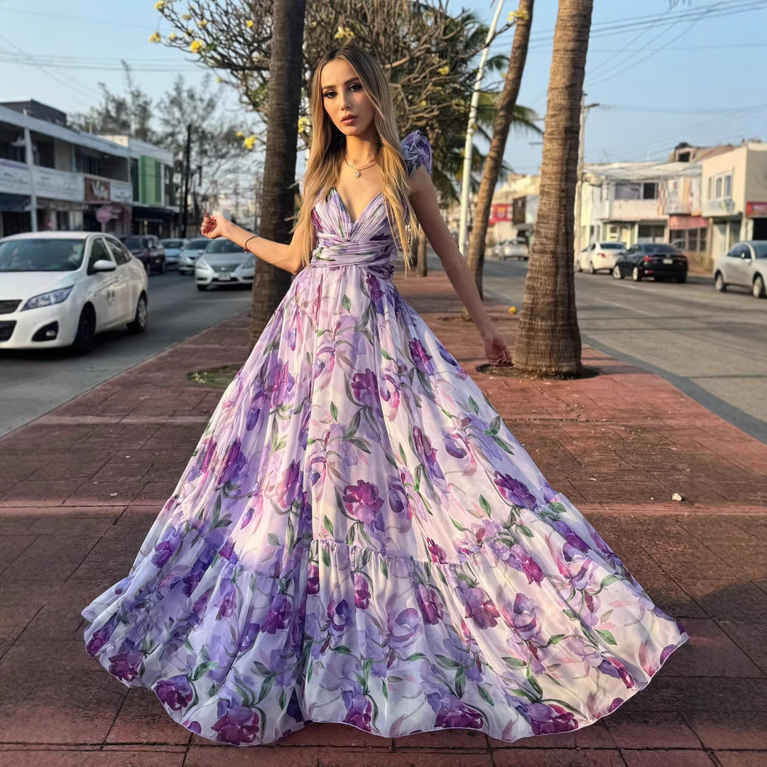 Damen Maxikleid mit luftigen Rüschendetails und ausgefallenem Wickeldesign EB