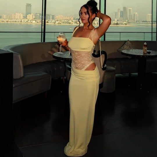 Damen elegantes langes Kleid mit raffiniertem Spitzenoberteil und verstellbaren Trägern EB