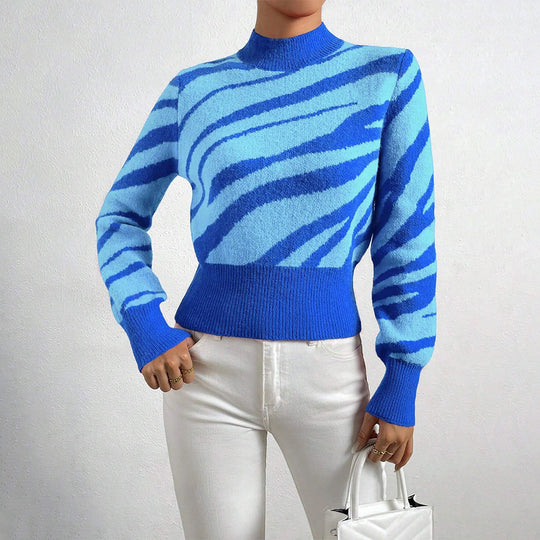 EB | Gestricktes Zebra Muster Halb Hochkragen Reguläre Passform Gerippter Saum