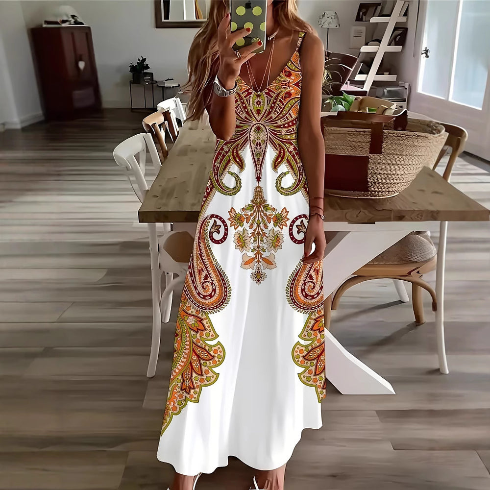 Damen Maxi-Kleid mit geschwärztem Paisley-Muster und elegantem V-Ausschnitt EB