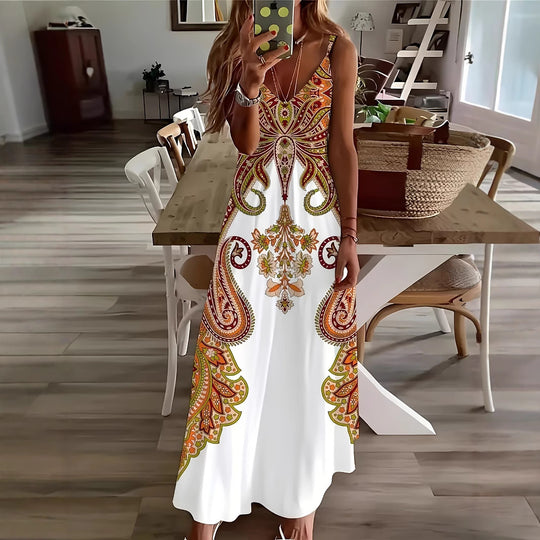 Damen Maxi-Kleid mit geschwärztem Paisley-Muster und elegantem V-Ausschnitt EB