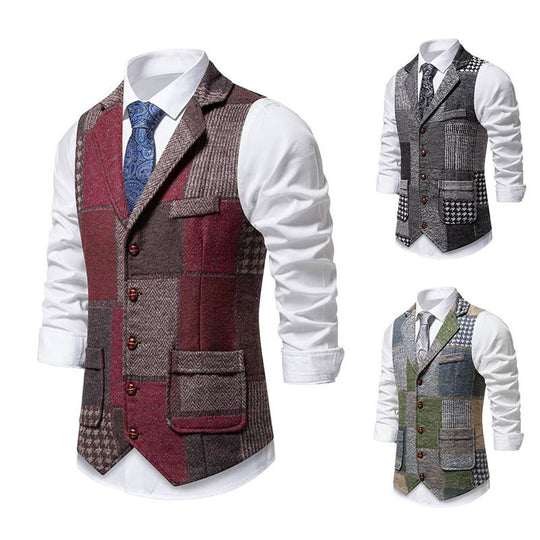 Herren nan Patchwork Weste mit Reverskragen Knopfleiste und aufgesetzten Taschen EB