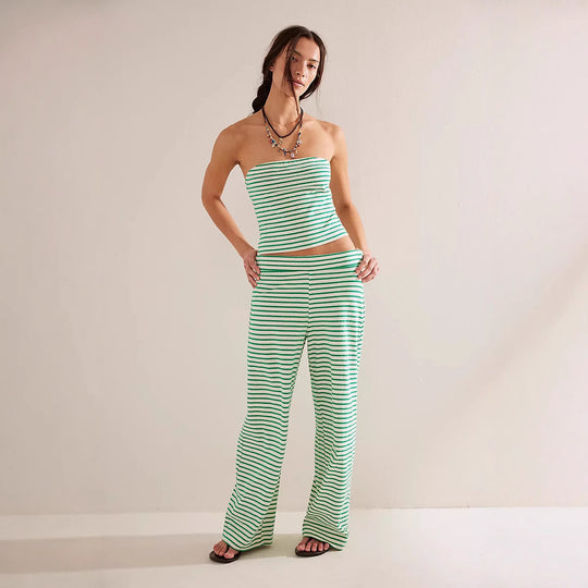 Damen lässiges Loungewear-Set mit geripptem Oberteil und weiten Hosen EB