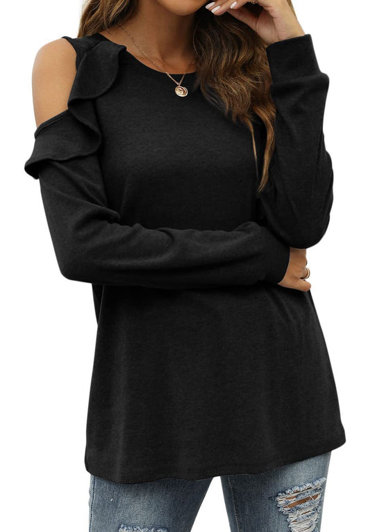 Damen Elegantes Langarmoberteil mit Rüschendetails und Kalt-Schulter Design EB