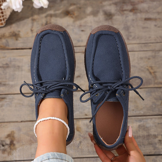 Damen  lässige Mokassin-Slipper aus Veloursimitat mit dekorativer Ziernaht, elastischer Schnürung und flexibler Gummisohle EB