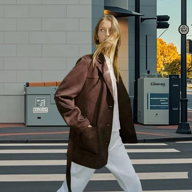 Damen modische Kunstlederjacke mit Taillengürtel und praktischen Taschen EB