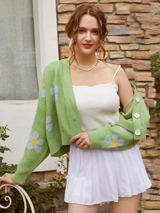 Damen Kürzer Strickcardigan mit floralen Motiven und Knopfdetails EB