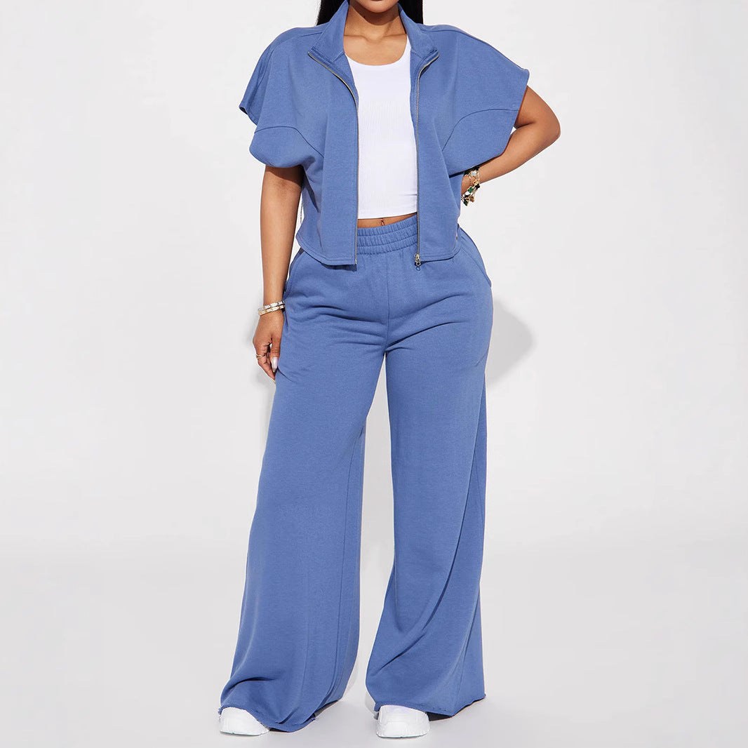 Damen nan High‑Waist Palazzohose aus French-Terry mit weitem Bein, elastischem Komfortbund und offenen Saumkanten EB