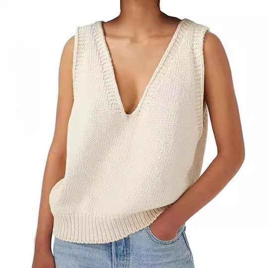 Damen lässiger Strickpullover ohne Ärmel mit tiefem V-Ausschnitt EB