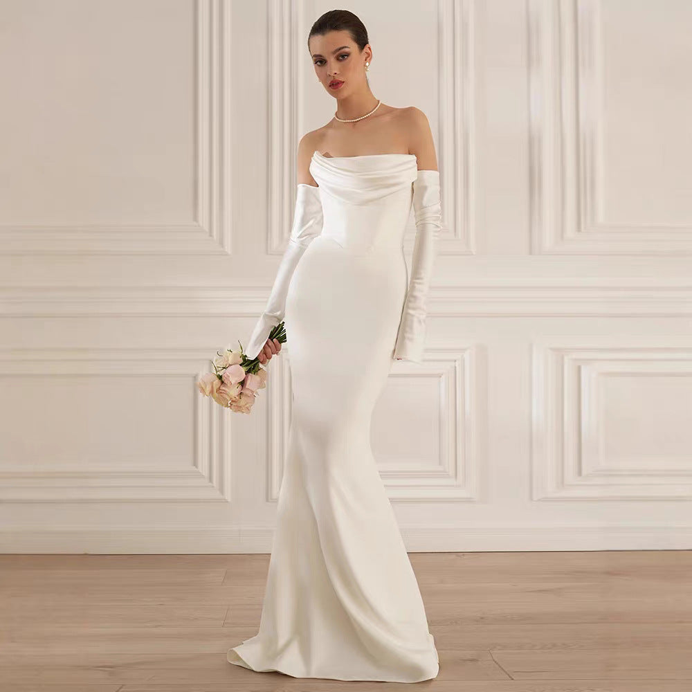 Damen Elegantes Meerjungfrau-Kleid mit schulterfreiem Design und langen Ärmeln EB