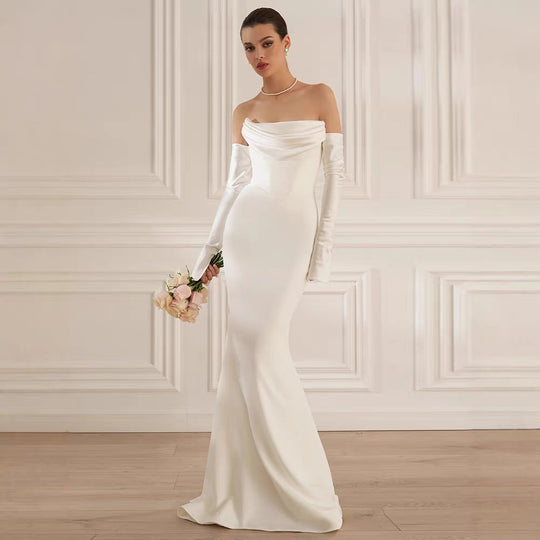 Damen Elegantes Meerjungfrau-Kleid mit schulterfreiem Design und langen Ärmeln EB