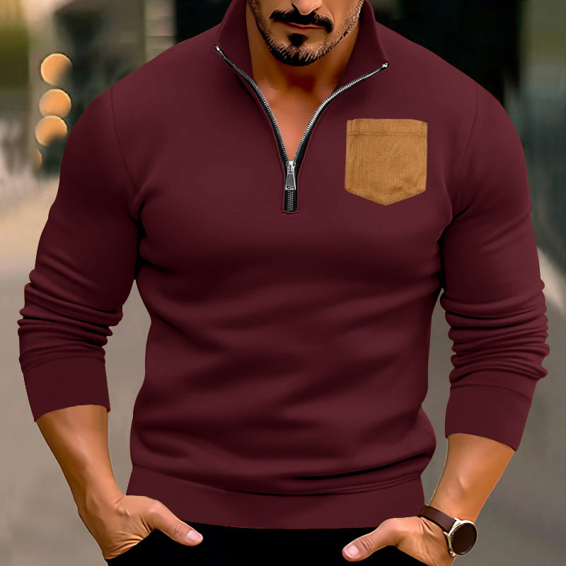 Herren modischer Pullover mit halbem Reißverschluss und stilvoller Brusttasche EB