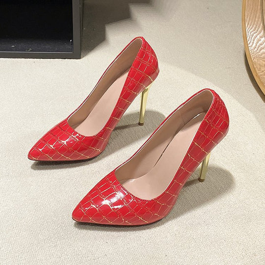 Damen Spitzen High Heels mit elegantem Krokodilleder-Design EB
