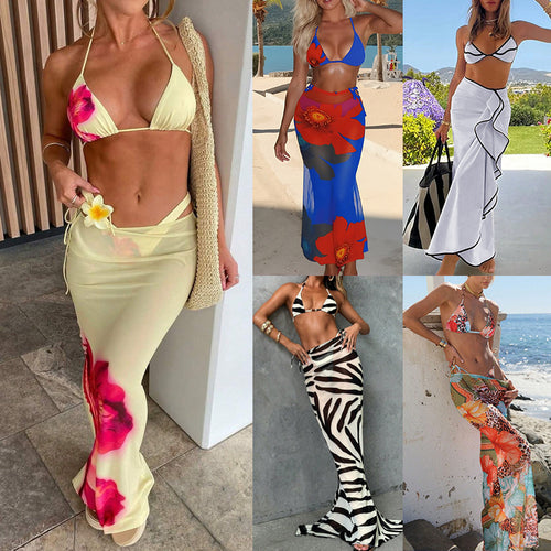 Damen Triangel-Bikini mit elegantem Wickelrock und tierischem Muster EB