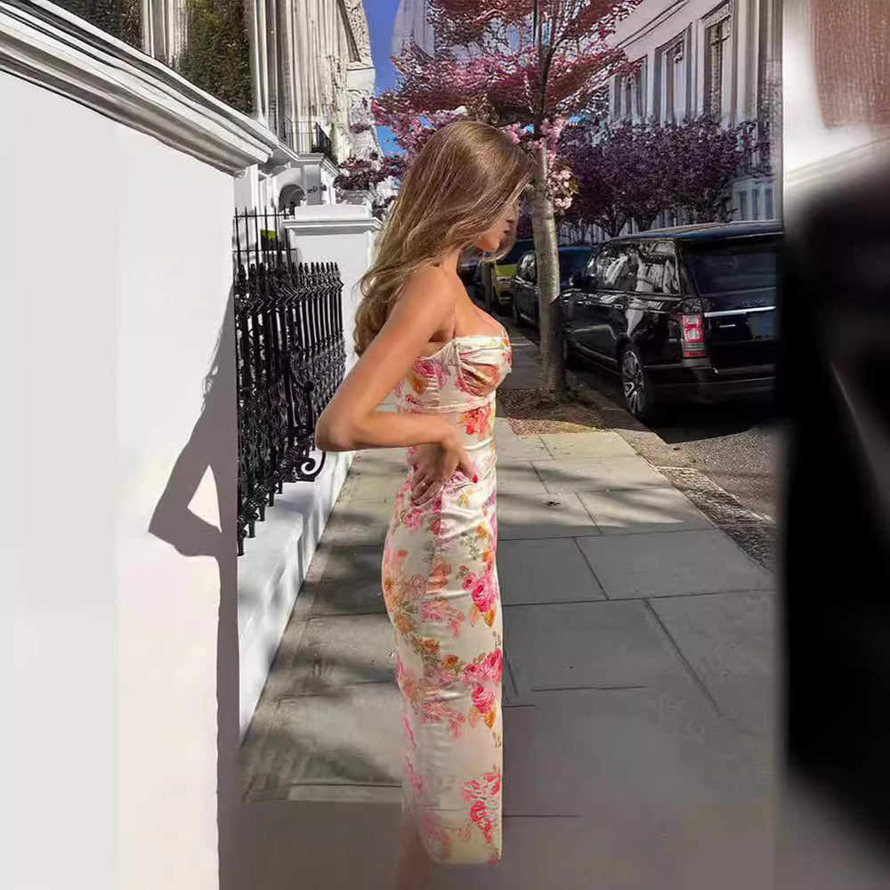 Damen bodenlanges Blumen-Minikleid mit Spaghettiträgern und Raffungen EB
