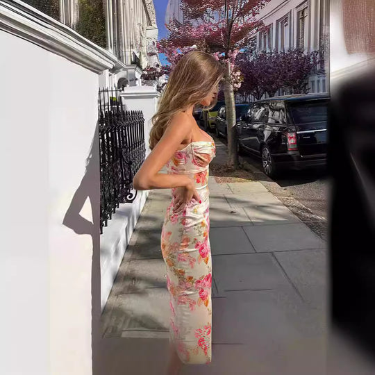 Damen bodenlanges Blumen-Minikleid mit Spaghettiträgern und Raffungen EB