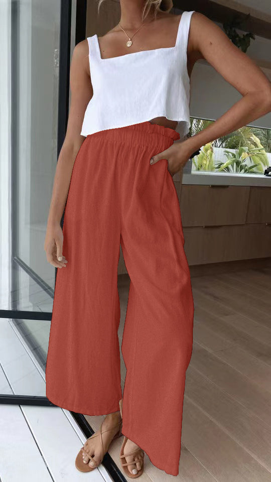 Damen luftige Palazzo-Hose mit elastischem Bund und weit geschnittenen Beinen EB