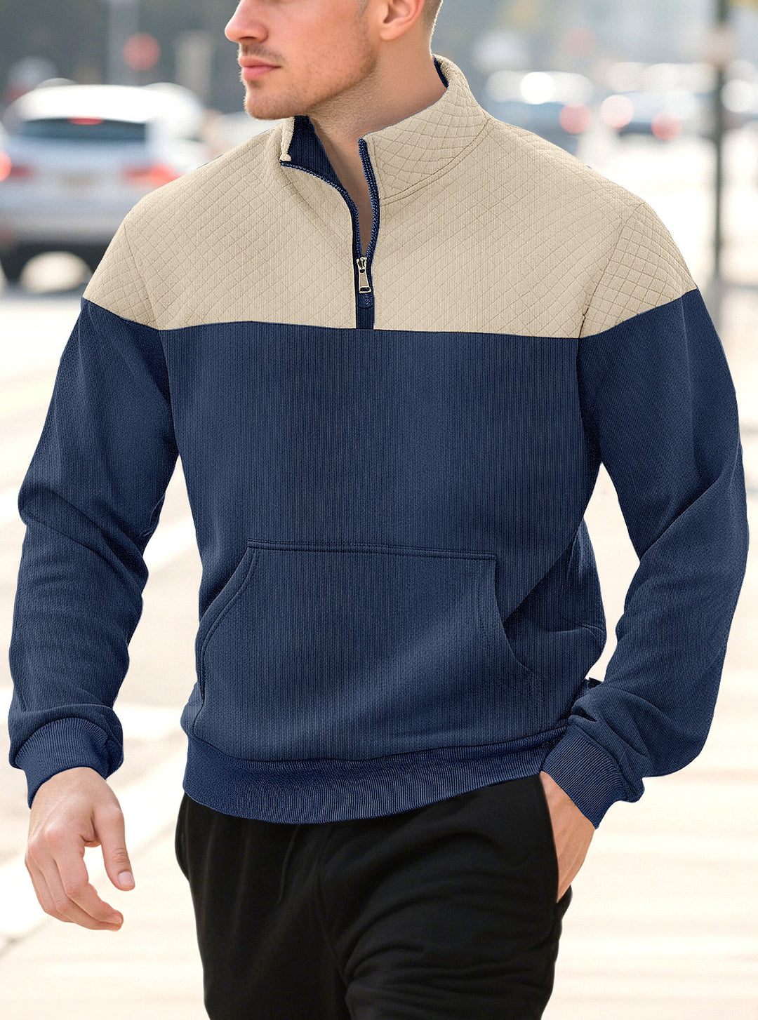 Herren nan Halbzip-Sweatshirt mit gesteppter Schulterpartie Kängurutasche und gerippten Bündchen EB