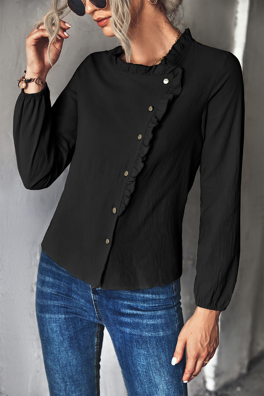 Damen Bluse mit Rüschendetails und dekorativer Knopfleiste EB